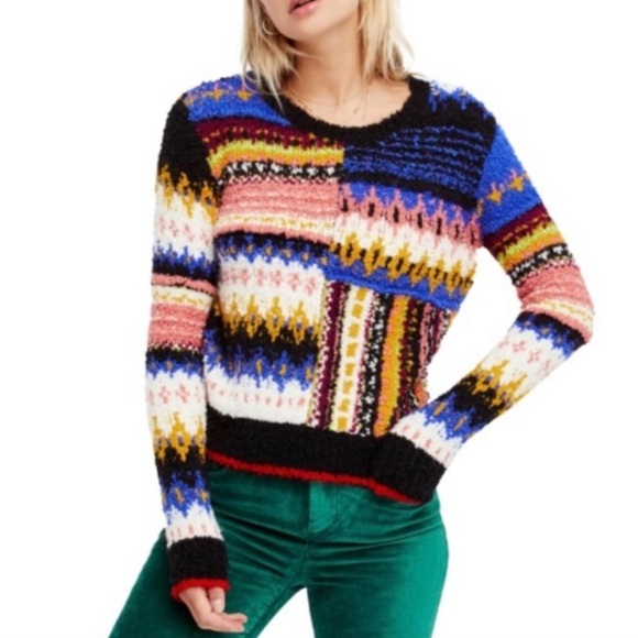 FREE PEOPLE Women’s Best Day Ever Sweater Size L Patchwork Alpaca - Picture 15 of 16